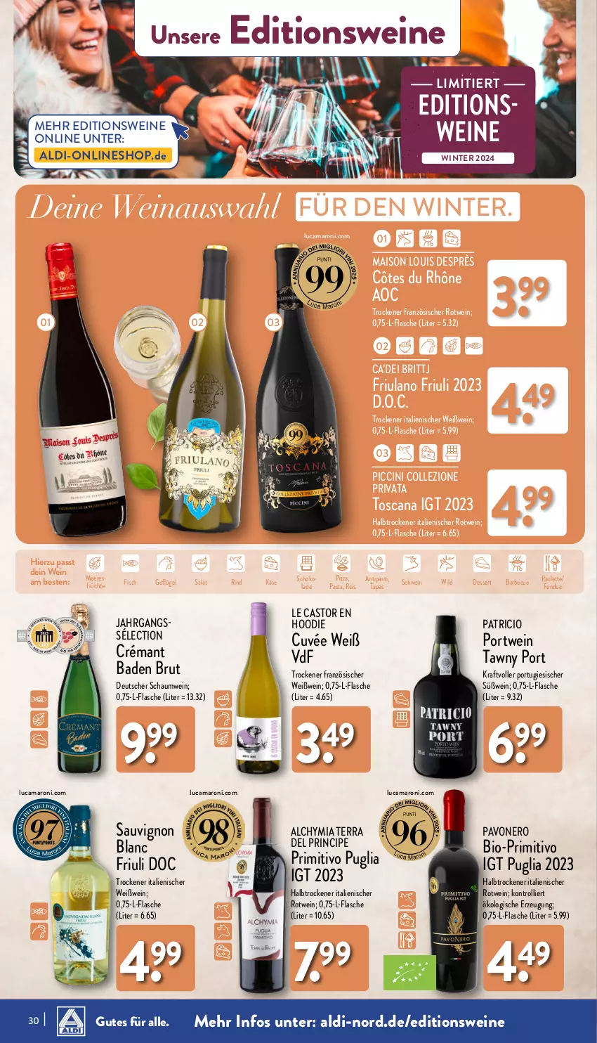 Aktueller Prospekt Aldi Nord - Von Montag - von 28.10 bis 02.11.2024 - strona 30 - produkty: aldi, amaro, antipasti, asti, Bad, barbecue, bio, brut, cin, cuvée, dessert, eis, fisch, flasche, Fondue, früchte, Geflügel, Käse, kraft, mais, meeresfrüchte, nero, pasta, pizza, Portwein, primitivo, reis, rind, rotwein, salat, sauvignon, sauvignon blanc, schoko, schokolade, schwein, Tapas, Tawny Port, Ti, trolli, wein, weine, Weißwein, Wild