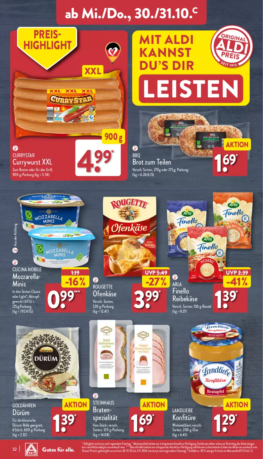 Aktueller Prospekt Aldi Nord - Von Montag - von 28.10 bis 02.11.2024 - strona 32 - produkty: aldi, arla, beutel, braten, brot, cin, curry, currywurst, eier, eis, finello, gin, grill, Käse, konfitüre, landliebe, mozzarella, Ofen, Ofenkäse, Reibekäse, reis, rel, rouge, rougette, rum, Spezi, steinhaus, Ti, wurst, ZTE