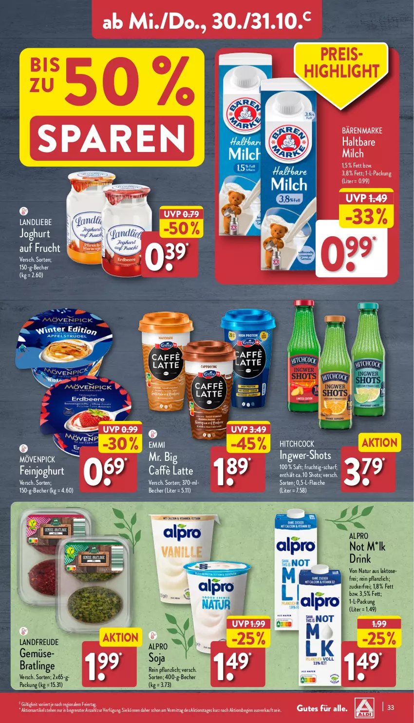 Aktueller Prospekt Aldi Nord - Von Montag - von 28.10 bis 02.11.2024 - strona 33 - produkty: alpro, bärenmarke, Becher, caffè latte, drink, eier, eis, emmi, feinjoghurt, flasche, frucht, gin, haltbare milch, ingwer, joghur, joghurt, landliebe, latte, milch, mövenpick, natur, reis, saft, soja, Ti, ZTE, zucker