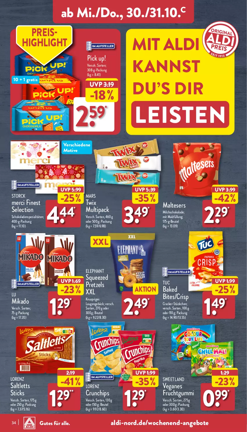 Aktueller Prospekt Aldi Nord - Von Montag - von 28.10 bis 02.11.2024 - strona 34 - produkty: aldi, angebot, angebote, beutel, bites, chips, cracker, crunchips, eis, elle, frucht, fruchtgummi, lorenz, lorenz crunchips, malteser, malz, mars, merci, mikado, milch, Pick Up!, Pretzel, reis, saltletts, schoko, schokolade, schokoladen, Spezi, storck, Sweetland, teller, Ti, tuc, twix