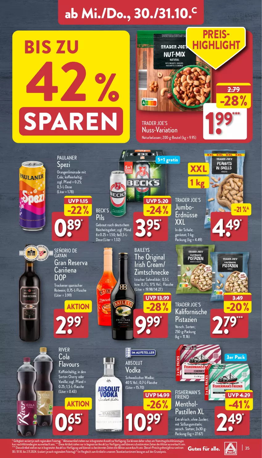 Aktueller Prospekt Aldi Nord - Von Montag - von 28.10 bis 02.11.2024 - strona 35 - produkty: asti, baileys, beutel, cola, eier, eis, elle, erdnüsse, flasche, gin, irish cream, jumbo, likör, limo, limonade, natur, nuss, orange, orangen, Paula, paulaner, pils, pistazien, reis, Ria, rotwein, sahne, Schal, Schale, Spezi, teller, Ti, vodka, wein, wodka, ZTE, zucker