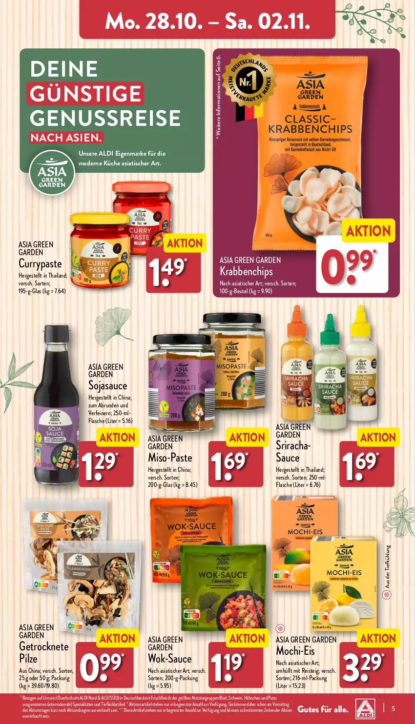 Aktueller Prospekt Aldi Nord - Von Montag - von 28.10 bis 02.11.2024 - strona 5 - produkty: aldi, Asia Green Garden, aus der tiefkühlung, beutel, chips, curry, eis, flasche, fleisch, gin, küche, Mochi, Mode, nuss, pilze, pute, reis, rind, sauce, schwein, soja, sojasauce, Spezi, Sriracha, Ti, tisch, wein, wok, ZTE