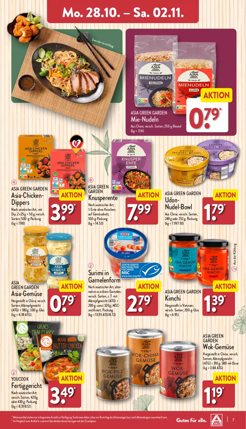 Aktueller Prospekt Aldi Nord - Von Montag - von 28.10 bis 02.11.2024 - strona 7 - produkty: Asia Green Garden, bett, beutel, dip, eis, ente, fertiggericht, garnelen, gin, nudel, nudeln, reis, Ti, tisch, wok, Yo, YouCook, ZTE