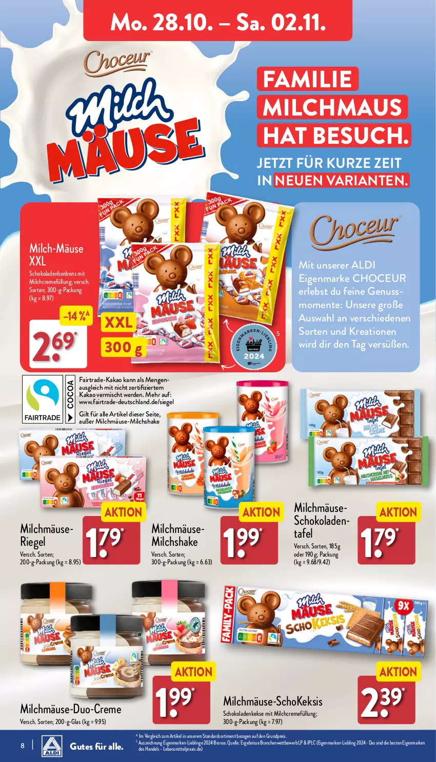 Aktueller Prospekt Aldi Nord - Von Montag - von 28.10 bis 02.11.2024 - strona 8 - produkty: aldi, bonbons, creme, eis, elle, ente, erde, kakao, keks, kekse, lebensmittel, Maus, milch, nuss, reis, Ria, riegel, schoko, schokolade, schokoladen, shake, Ti