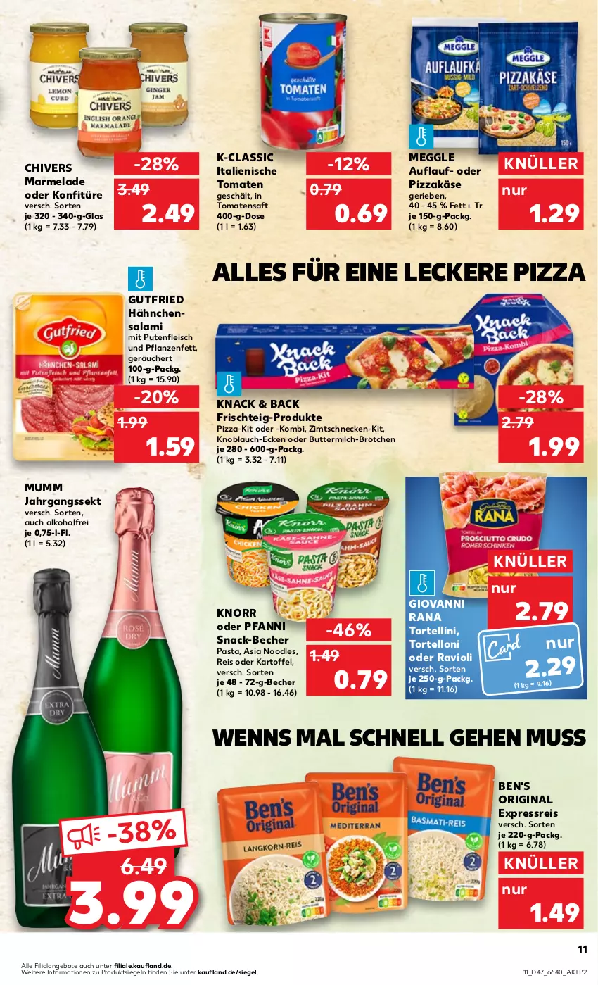 Aktueller Prospekt Kaufland - Prospekt - von 23.11 bis 29.11.2023 - strona 11 - produkty: alkohol, angebot, angebote, Becher, brötchen, butter, buttermilch, eis, fleisch, gin, giovanni rana, gutfried, jahrgangssekt, kartoffel, Käse, knoblauch, knorr, konfitüre, marmelade, meggle, milch, mumm, pasta, pfanni, pflanze, pflanzen, Pflanzenfett, pizza, pute, Putenfleisch, Rana, ravioli, reis, saft, salami, sekt, snack, Ti, tomate, tomaten, Tomatensaft, torte, tortellini, tortelloni