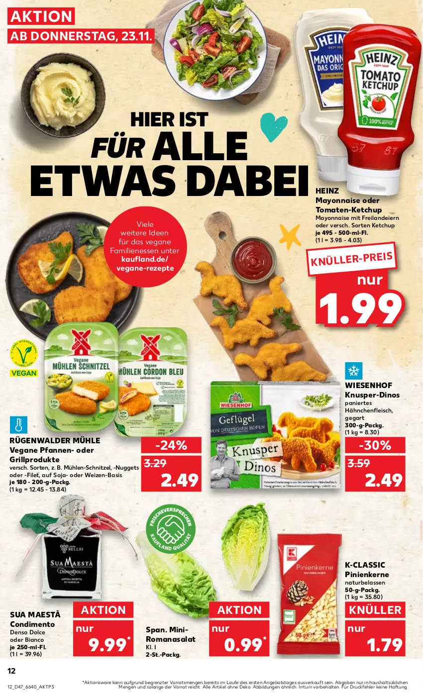 Aktueller Prospekt Kaufland - Prospekt - von 23.11 bis 29.11.2023 - strona 12 - produkty: angebot, condimento, eier, eis, filet, fleisch, grill, Hähnchenfleisch, heinz, ketchup, mayonnaise, natur, nuggets, pfanne, pfannen, pinienkerne, rezept, rezepte, Romanasalat, rügenwalder, rügenwalder mühle, salat, schnitzel, soja, Ti, tomate, tomaten, wiesenhof, Yo, ZTE