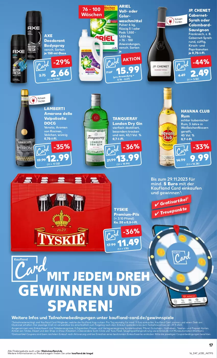 Aktueller Prospekt Kaufland - Prospekt - von 23.11 bis 29.11.2023 - strona 17 - produkty: amaro, Amarone della Valpolicella, Amber, angebot, angebote, ariel, auto, axe, body, bodyspray, cabernet, colorwaschmittel, coupon, coupons, dell, deo, deodorant, die kaufland, dry gin, gewinnspiel, gin, gutschein, Havana Club, kerze, kirsch, LG, london dry, london dry gin, paprika, pils, Pods, rotwein, rum, rwe, sauvignon, Spiele, Sushi, Tanqueray, Tasche, taschen, Tchibo, telefon, Ti, tomate, tomaten, tyskie, Valpolicella, waschmittel, wein