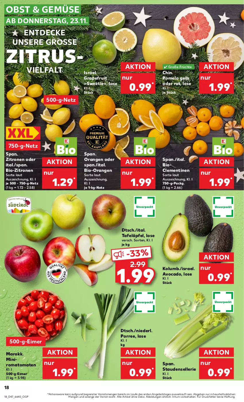 Aktueller Prospekt Kaufland - Prospekt - von 23.11 bis 29.11.2023 - strona 18 - produkty: angebot, avocado, bio, bio-zitronen, clementinen, decke, eimer, elle, früchte, grapefruit, obst, orange, orangen, Pomelo, Romatomaten, stauden, tafeläpfel, Ti, tomate, tomaten, zitrone, zitronen, ZTE