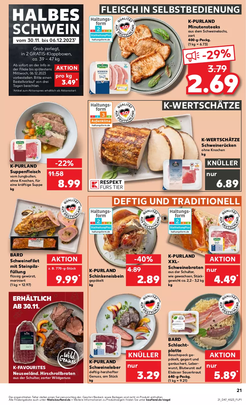 Aktueller Prospekt Kaufland - Prospekt - von 23.11 bis 29.11.2023 - strona 21 - produkty: aktionspreis, angebot, angebote, auer, Bau, besteck, braten, eis, elle, filet, fleisch, fleisch in selbstbedienung, geschirr, gewürz, ilag, jungbullen, Klappbox, Kraut, lachs, latte, leberwurst, minutensteaks, nuss, purland, reis, rollbraten, Sauerkraut, schinken, schwein, schweine, schweinebraten, schweinefilet, Schweinelachs, Schweineleber, schweinerücken, Speck, steak, steaks, suppe, suppen, suppenfleisch, teller, Ti, wein, weine, Wild, wurst