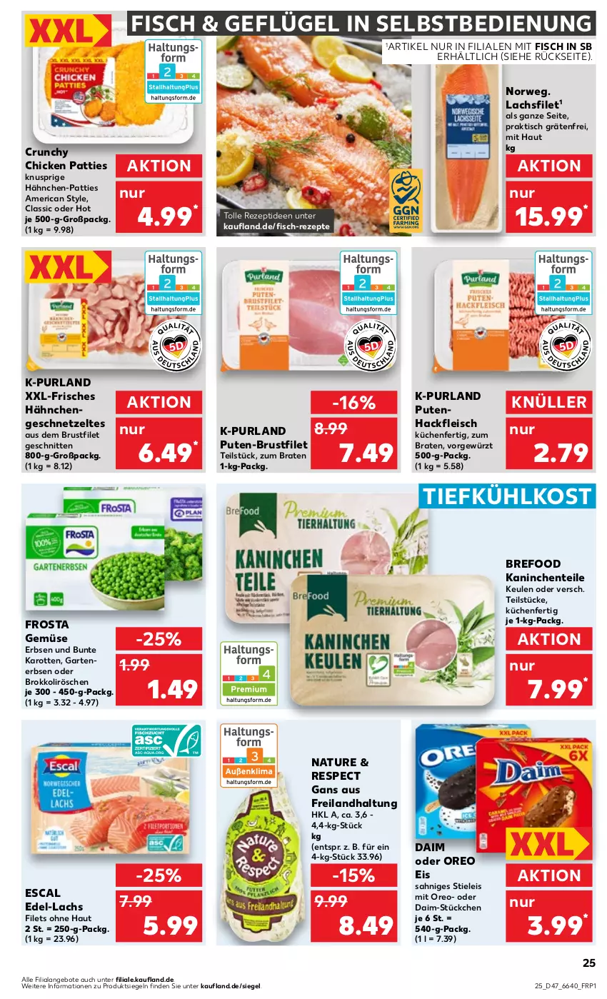 Aktueller Prospekt Kaufland - Prospekt - von 23.11 bis 29.11.2023 - strona 25 - produkty: angebot, angebote, braten, Bref, brokkoli, brustfilet, daim, eis, ente, erbsen, escal, filet, filets, fisch, fleisch, frosta, Garten, gartenerbsen, Geflügel, geschnetzeltes, gewürz, hackfleisch, Hähnchengeschnetzeltes, karotten, küche, Küchen, lachs, lachsfilet, natur, oreo, purland, pute, Putenhackfleisch, rezept, rezepte, rwe, schnitten, stieleis, Ti, tiefkühlkost, tisch, Zelt