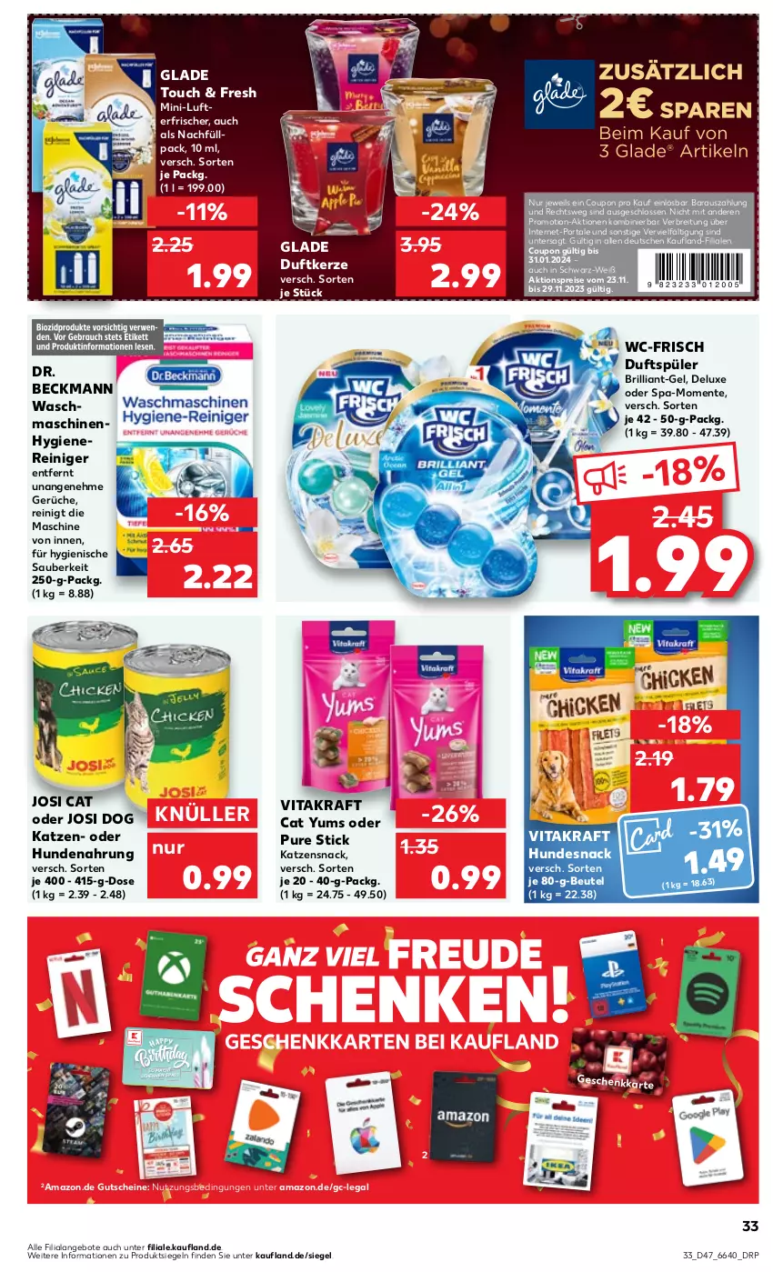 Aktueller Prospekt Kaufland - Prospekt - von 23.11 bis 29.11.2023 - strona 33 - produkty: aktionspreis, angebot, angebote, beutel, Brei, coupon, Dr. Beckmann, Duftkerze, eis, ente, Glade, gutschein, gutscheine, hundenahrung, hundesnack, katzensnack, kerze, kraft, lufterfrischer, mac, reiniger, reis, snack, Ti, vita, vitakraft, waschmaschine, waschmaschinen