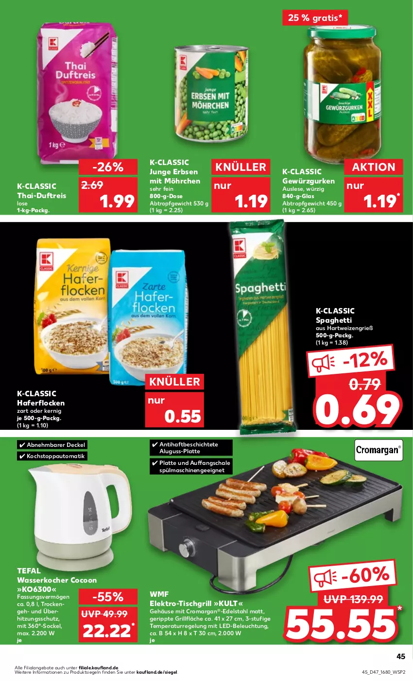 Aktueller Prospekt Kaufland - Prospekt - von 23.11 bis 29.11.2023 - strona 45 - produkty: angebot, angebote, auto, beleuchtung, decke, Deckel, edelstahl, eis, Elektro, erbsen, gewürz, Gewürzgurke, gewürzgurken, grill, grillfläche, gurke, gurken, hafer, haferflocken, hartweizen, junge erbsen, Kocher, latte, led-beleuchtung, mit led-beleuchtung, reis, Schal, Schale, spaghetti, spülmaschinen, tefal, Ti, tisch, tischgrill, überhitzungsschutz, wasser, wasserkocher, WMF