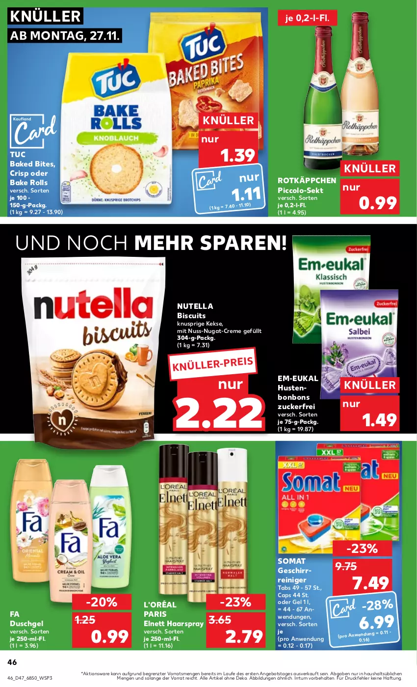 Aktueller Prospekt Kaufland - Prospekt - von 23.11 bis 29.11.2023 - strona 46 - produkty: angebot, bites, bonbons, Cap, creme, duschgel, eis, elnett, fa duschgel, geschirr, haarspray, Hustenbonbons, keks, kekse, nuss, nuss-nugat-creme, nutella, reiniger, rotkäppchen, sekt, somat, Ti, tuc, ZTE, zucker