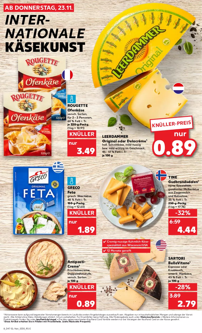 Aktueller Prospekt Kaufland - Prospekt - von 23.11 bis 29.11.2023 - strona 56 - produkty: angebot, angebote, antipasti, asti, creme, doppelrahmstufe, eis, erde, espresso, espresso oder, feta, frischkäse, gin, hartkäse, Käse, knoblauch, leerdammer, mac, milch, nuss, Ofen, Ofenkäse, rouge, rougette, sahne, schnittkäse, Spezi, Ti, vita, weichkäse, ZTE