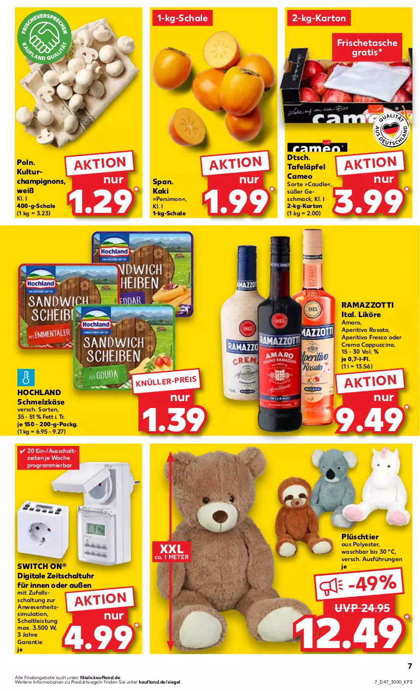 Aktueller Prospekt Kaufland - Prospekt - von 23.11 bis 29.11.2023 - strona 7 - produkty: amaro, angebot, angebote, aperitivo rosato, Cap, cappuccino, champignon, champignons, cin, eis, hochland, Kaki, Käse, likör, mac, Plüsch, rama, ramazzott, ramazzotti, rosato, Schal, Schale, Schmelzkäse, sim, tafeläpfel, Tasche, Ti, uhr, zott