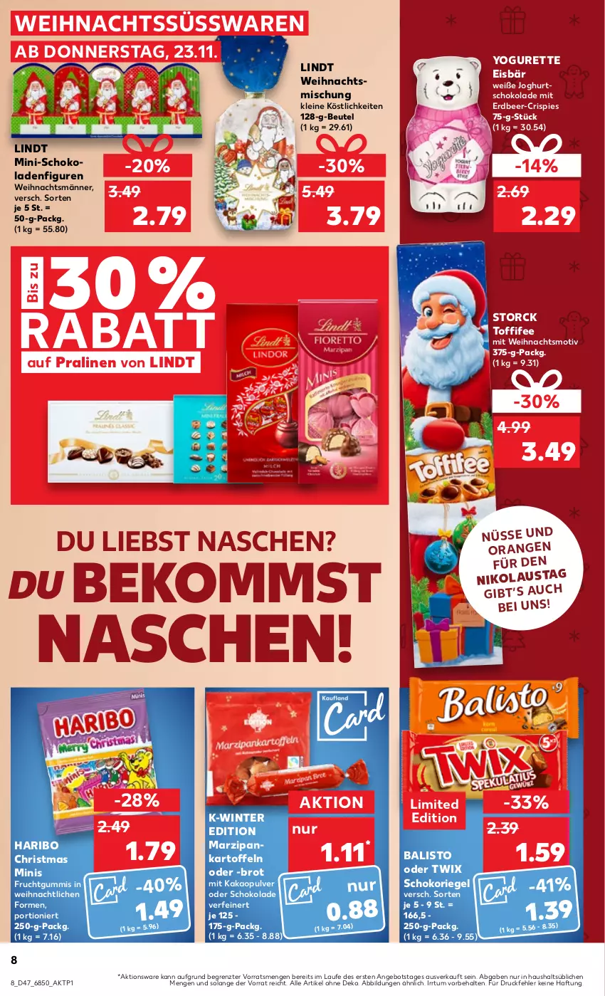 Aktueller Prospekt Kaufland - Prospekt - von 23.11 bis 29.11.2023 - strona 8 - produkty: angebot, aust, balisto, beko, beutel, brot, eis, frucht, fruchtgummi, fruchtgummis, haribo, joghur, joghurt, kakao, kartoffel, kartoffeln, leine, lindt, marzipan, oder twix, pralinen, riegel, schoko, schokolade, schokoladen, schokoriegel, storck, süsswaren, Ti, toffifee, twix, Yo, yogurette, ZTE