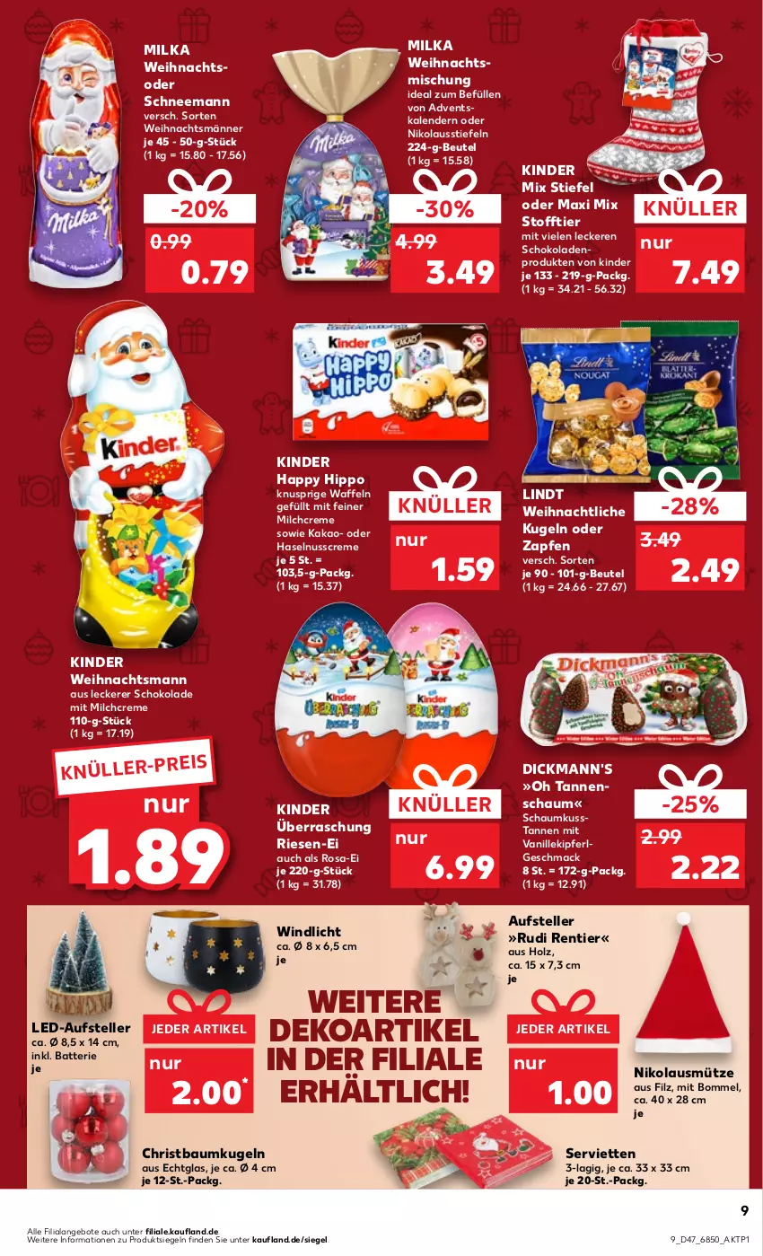 Aktueller Prospekt Kaufland - Prospekt - von 23.11 bis 29.11.2023 - strona 9 - produkty: Adventskalender, angebot, angebote, batterie, Bau, Baumkugel, beutel, creme, Dickmann's, eis, elle, haselnuss, Haselnusscreme, hipp, Holz, kakao, Kinder, Kugel, LG, lindt, mac, milch, milka, Mütze, nuss, schoko, schokolade, schokoladen, Serviette, servietten, teller, Ti, vanille, waffeln, windlicht