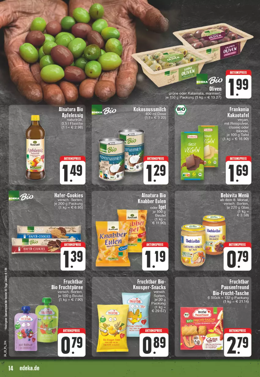 Aktueller Prospekt E Center - Angebote der Woche - von 12.06 bis 17.06.2023 - strona 14 - produkty: aktionspreis, apfel, apfelessig, bebivita, beutel, bio, eis, eispulver, essig, flasche, frucht, kakao, natur, natura, olive, oliven, reis, senf, snack, snacks, spaghetti, Tasche, Ti, vita