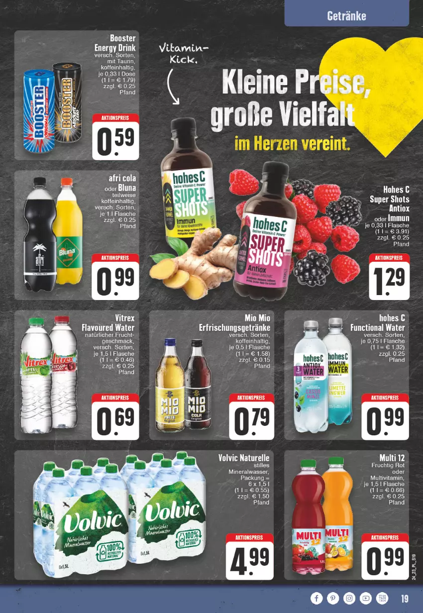 Aktueller Prospekt E Center - Angebote der Woche - von 12.06 bis 17.06.2023 - strona 19 - produkty: Afri Cola, aktionspreis, Alwa, cola, drink, eis, elle, energy drink, erfrischungsgetränk, erfrischungsgetränke, flasche, frucht, getränk, getränke, Hohes C, leine, mac, mineralwasser, Mio Mio, natur, reis, rel, Ti, vita, volvic, wasser