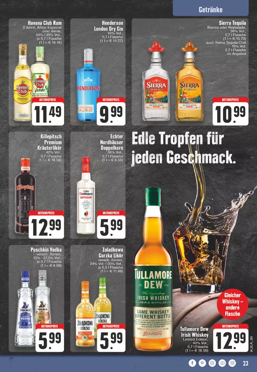 Aktueller Prospekt E Center - Angebote der Woche - von 12.06 bis 17.06.2023 - strona 23 - produkty: angebot, chili, dry gin, enders, erde, flasche, gin, Havana Club, kräuter, kräuterlikör, likör, london dry, london dry gin, rum, Sierra, sierra tequila, tequila, Ti, tullamore, tullamore dew, whiskey