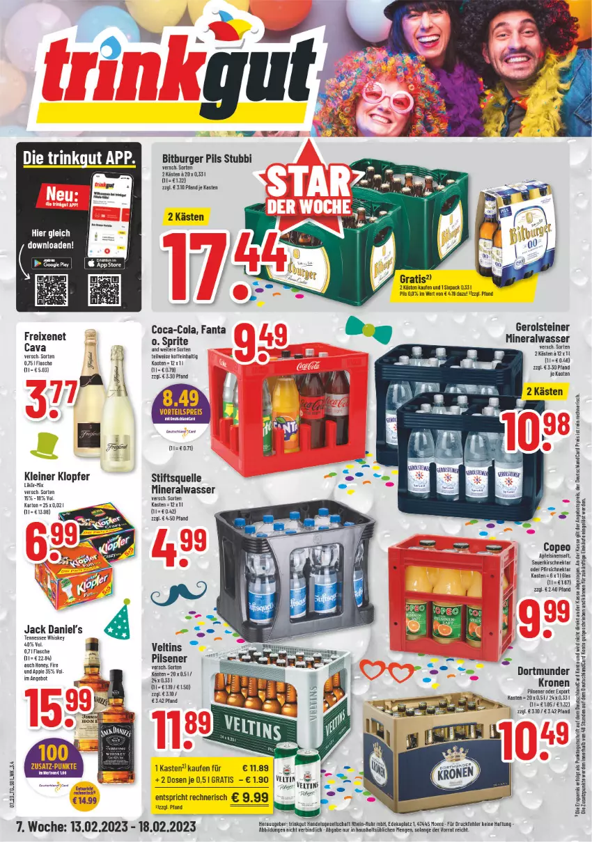 Aktueller Prospekt Trinkgut - von 13.02 bis 18.02.2023 - strona 1 - produkty: Alwa, angebot, angebotspreis, apfel, Apple, auer, bitburger, bitburger pils, burger, Cava, coca-cola, cola, deutschlandcard, eis, elle, erde, fanta, fisch, fische, flasche, freixenet, gerolsteine, gerolsteiner, jack daniel, jack daniel's, kirsch, kleiner klopfer, krone, leine, LG, likör, mineralwasser, Nektar, pfirsich, pils, pilsener, reis, saft, sprite, steiner, tennessee whiskey, Ti, vorteilspreis, wasser, whiskey