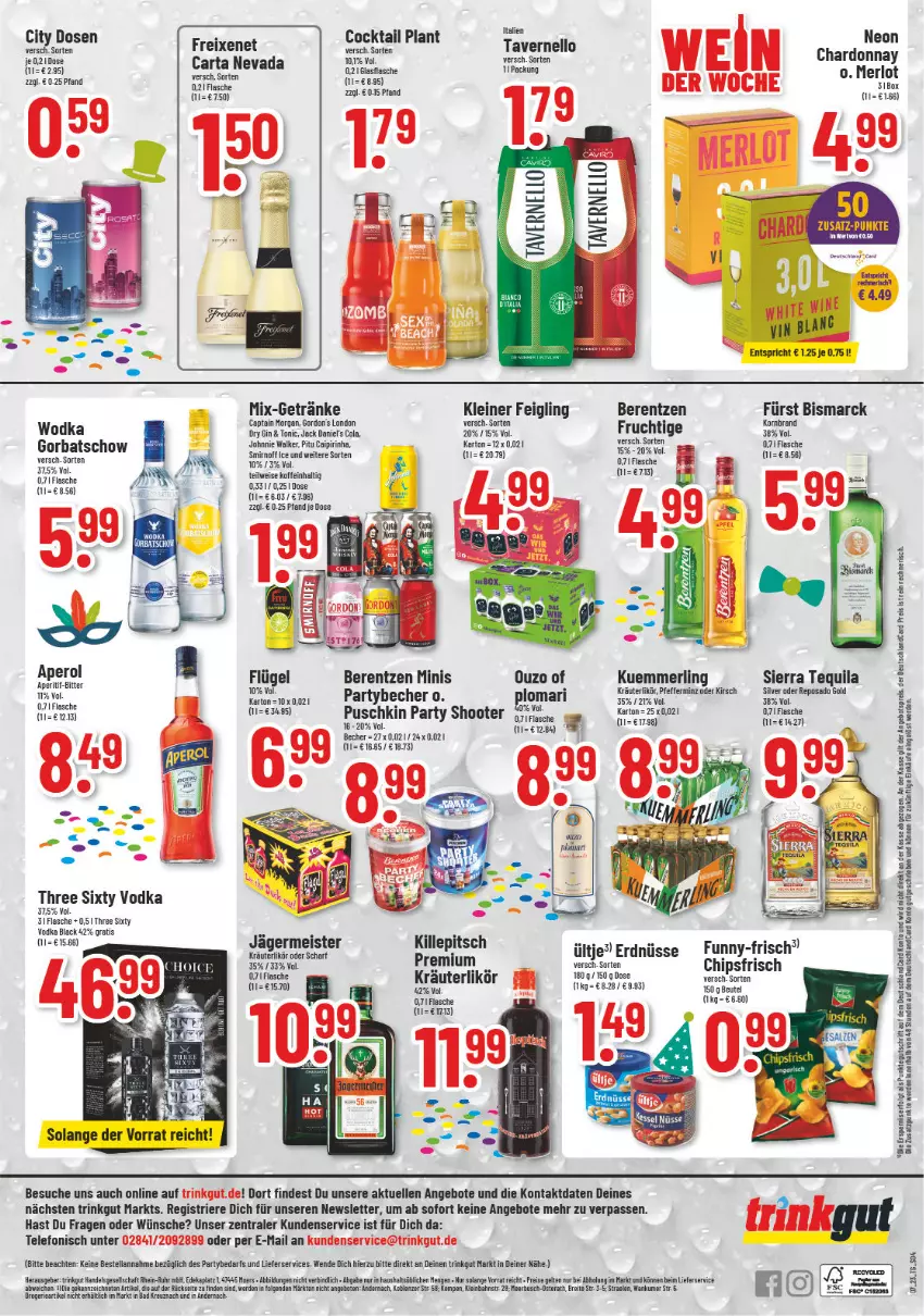 Aktueller Prospekt Trinkgut - von 13.02 bis 18.02.2023 - strona 4 - produkty: angebot, angebote, aperol, Bad, Becher, berentzen, bismarck, Brei, caipirinha, Cap, captain morgan, chardonnay, chips, chipsfrisch, cocktail, cola, deka, dry gin, eis, elle, erde, erdnüsse, flasche, frucht, funny-frisch, Germ, getränk, getränke, gin, Gorbatschow, gordon, Gordon’s, jack daniel, jack daniel's, jägermeister, johnnie walker, kirsch, kleiner feigling, korn, kräuter, kräuterlikör, kuemmerling, leine, LG, lieferservice, likör, Meister, merl, merlot, ouzo, pfeffer, reis, Sierra, sierra tequila, smirnoff, tee, telefon, tequila, Three Sixty, Ti, tonic, uhr, ültje, ültje erdnüsse, vodka, wodka