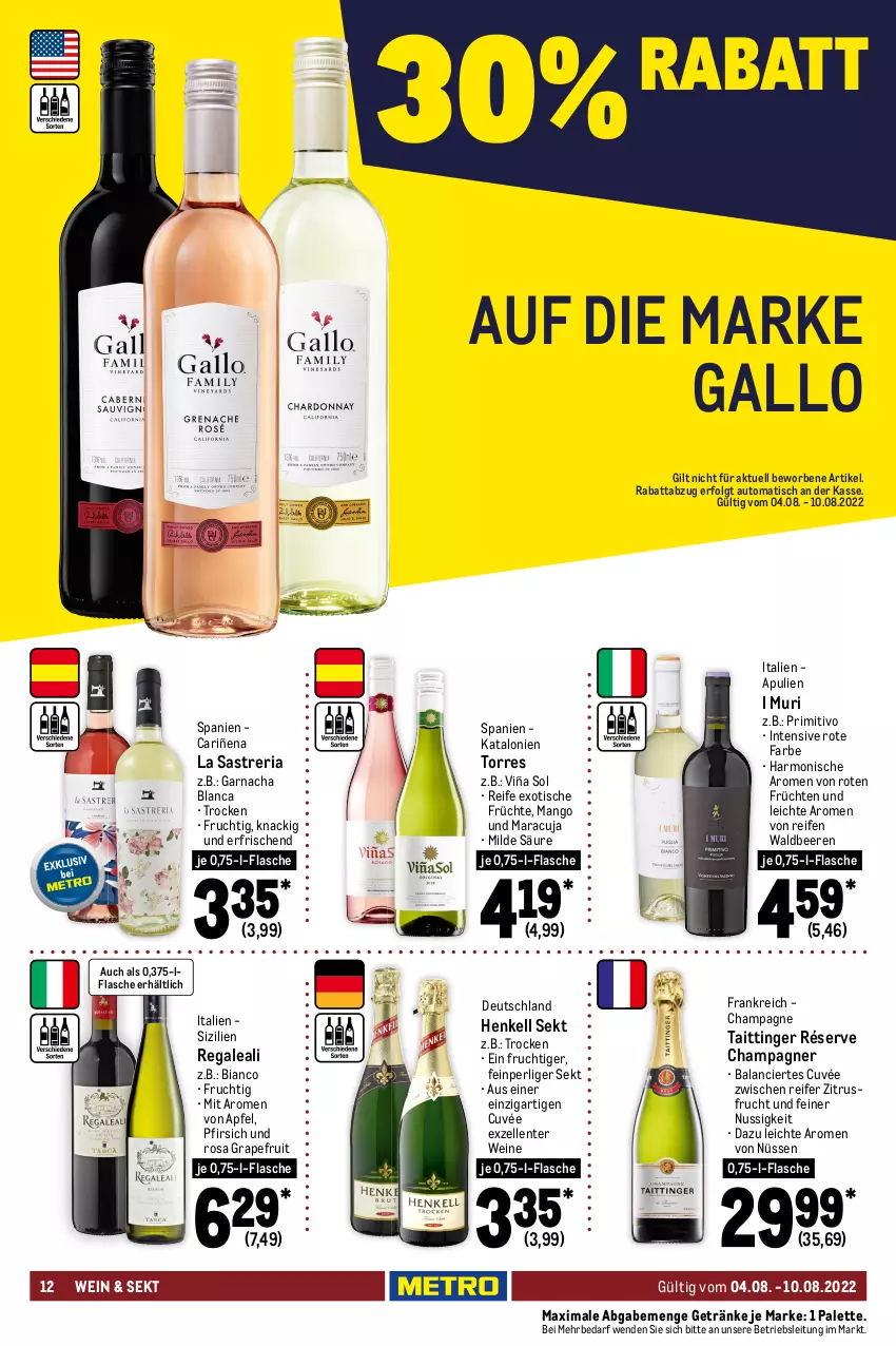 Aktueller Prospekt Metro - Food - von 04.08 bis 10.08.2022 - strona 12 - produkty: aperol, apfel, auto, beef, Beefeater, beere, beeren, champagne, champagner, cuvée, dry gin, eis, elle, ente, flasche, frucht, früchte, früchten, gallo, getränk, getränke, gin, Gorbatschow, grapefruit, henkel, henkell, henkell sekt, irish whiskey, kräuter, kräuterlikör, LG, likör, limo, london dry, london dry gin, mango, maracuja, Metaxa, nuss, Palette, pfirsich, primitivo, regal, reifen, reis, Ria, sekt, Southern Comfort, spirituosen, tequila, Ti, tisch, tullamore, tullamore dew, wein, weine, whiskey, wodka