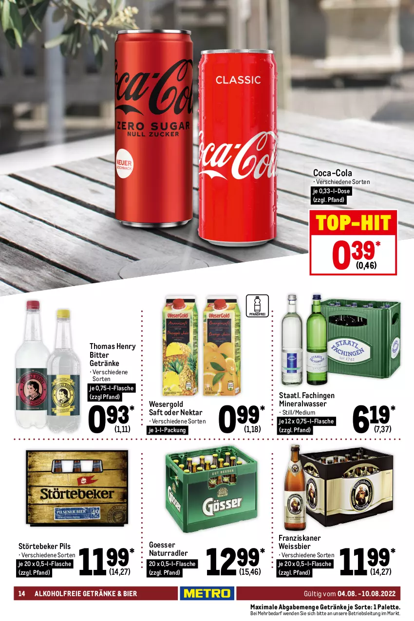 Aktueller Prospekt Metro - Food - von 04.08 bis 10.08.2022 - strona 14 - produkty: alkohol, alkoholfreie getränke, Alwa, beutel, bier, coca-cola, cola, creme, eis, flasche, franziskaner, fusion5, geschirr, geschirrspülmittel, getränk, getränke, gillette, kosmetik, Kuschelweich, mineralwasser, natur, Nektar, Palette, pils, power-gel, pril, radler, reiniger, reis, saft, sebamed, sensodyne, somat, spülmittel, Staatl. Fachingen, störtebeker, Systemklingen, thomas henry, Ti, top-hit, vollwaschmittel, waschmittel, wasser, weichspüler, weissbier, zahncreme