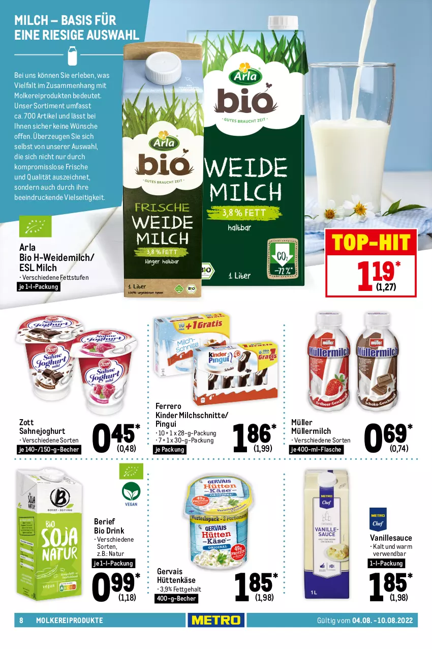 Aktueller Prospekt Metro - Food - von 04.08 bis 10.08.2022 - strona 8 - produkty: arla, Becher, beutel, bio, creme, drink, eis, eiscreme, ferrero, flasche, gervais, joghur, joghurt, Käse, Kinder, kräuter, küche, Küchen, langnese, magnum, mango, milch, Milchschnitte, molkereiprodukte, Müller, müllermilch, natur, pingui, pizza, Pizzateig, rwe, sahne, Sahnejoghurt, sauce, Schöller, Ti, tiefkühlkost, top-hit, vanille, Vanillesauce, weidemilch, würfel, zott