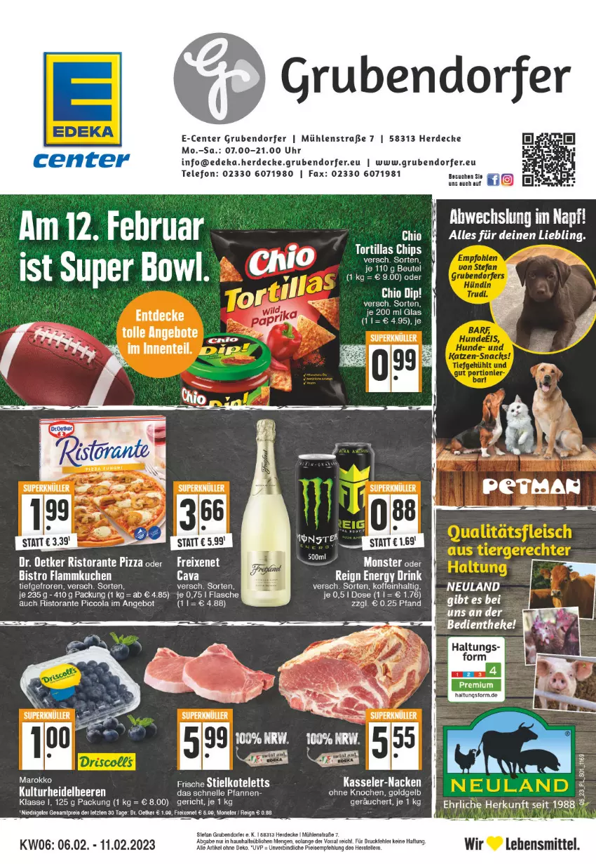 Aktueller Prospekt E Center - Angebote der Woche - von 06.02 bis 11.02.2023 - strona 1 - produkty: angebot, Cava, chips, cola, decke, deka, Dr. Oetker, drink, elle, energy drink, ente, erde, flammkuchen, flasche, freixenet, kasseler, kuchen, lamm, lebensmittel, monster, pfanne, pfannen, pizza, ristorante, ristorante pizza, telefon, Ti, tortilla, tortillas, uhr, ZTE