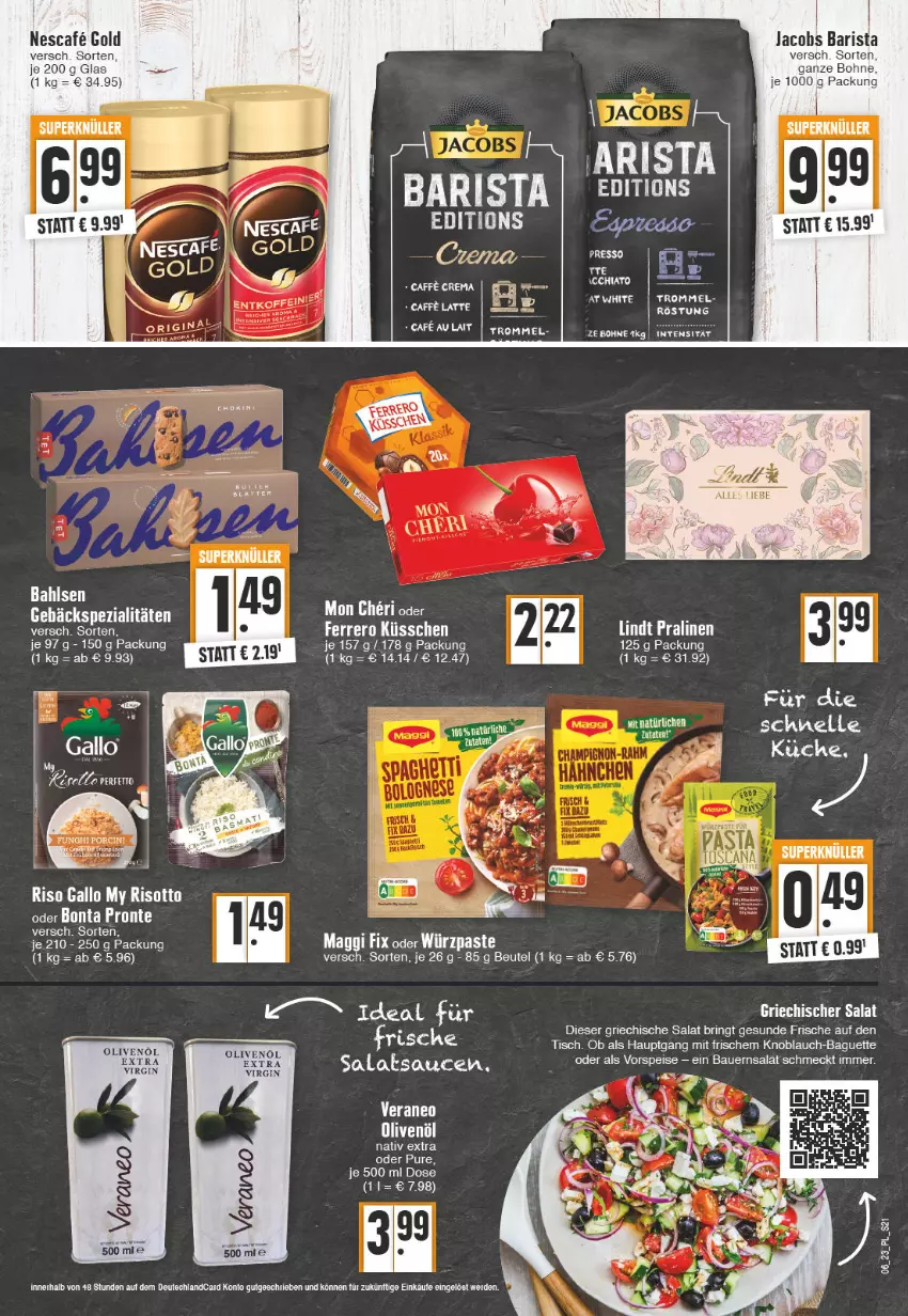 Aktueller Prospekt E Center - Angebote der Woche - von 06.02 bis 11.02.2023 - strona 21 - produkty: auer, baguette, bahlsen, Bau, Bauer, Bauernsalat, beutel, bohne, eis, elle, ferrero, gallo, gin, in olivenöl, jacobs, knoblauch, lindt, maggi, maggi fix, nescafe, olive, oliven, olivenöl, olivenöl extra, pralinen, risotto, salat, sauce, saucen, Spezi, tee, Ti, tisch, trommel, vorspeise