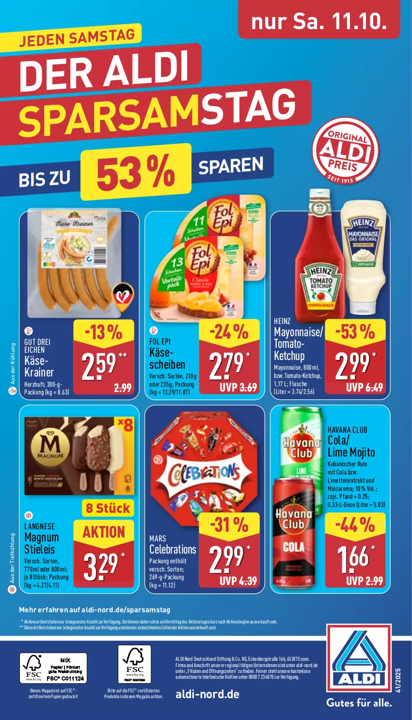 Aktueller Prospekt Aldi Nord - Von Montag - von 06.10 bis 11.10.2025 - strona 33 - produkty: aldi, aus der tiefkühlung, auto, cola, eis, flasche, fol epi, gin, Havana Club, heinz, Käse, ketchup, langnese, limette, limetten, magazin, magnum, mars, mayonnaise, Mett, metten, mojito, papier, rum, stieleis, telefon, Ti, Yo, ZTE