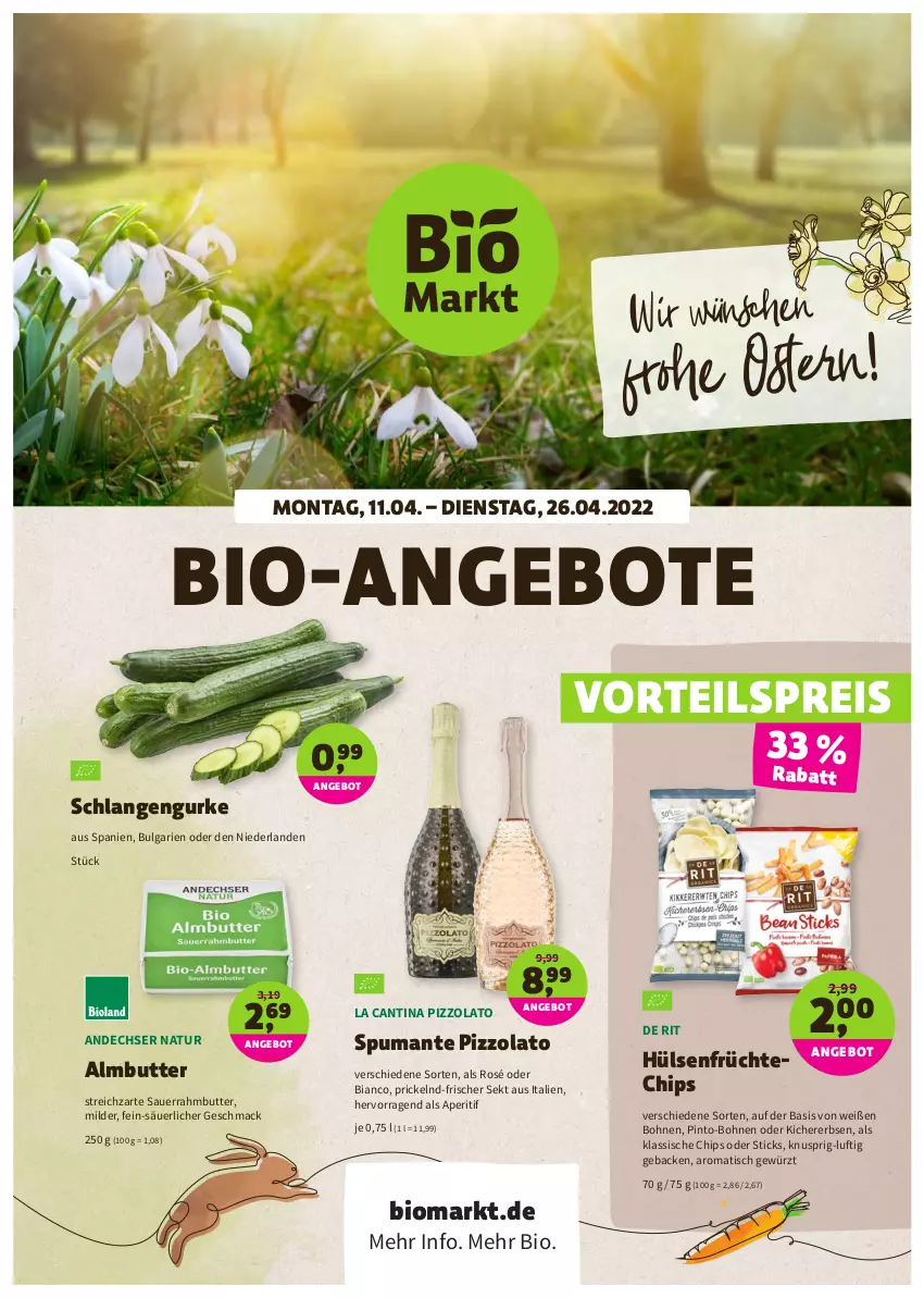 Aktueller Prospekt Denns Biomarkt - Prospekte - von 11.04 bis 26.04.2022 - strona 1 - produkty: andechser natur, angebot, angebote, aperitif, auer, bio, bohne, bohnen, butter, chips, eis, erbsen, früchte, geback, gewürz, gurke, hülsenfrüchte, kichererbsen, LG, mac, natur, puma, reis, Sauerrahm, sekt, senf, spumante, Streichzart, Ti, tisch, vorteilspreis