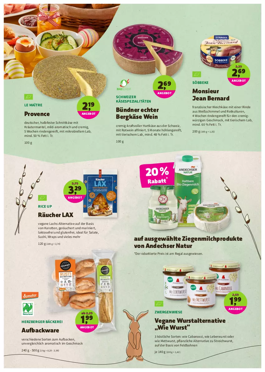 Aktueller Prospekt Denns Biomarkt - Prospekte - von 11.04 bis 26.04.2022 - strona 5 - produkty: andechser natur, angebot, Berger, Bergkäse, bohne, bohnen, Cabanossi, eis, elle, französischer weichkäse, halbfester schnittkäse, hartkäse, herzberger, HP, karotten, Käse, kraft, kräuter, lachs, leberwurst, mac, Mantel, Mett, mettwurst, milch, natur, regal, reis, rind, rotwein, salat, salate, schnittkäse, söbbeke, Spezi, Sushi, Ti, tisch, weichkäse, wein, wrap, wraps, wurst