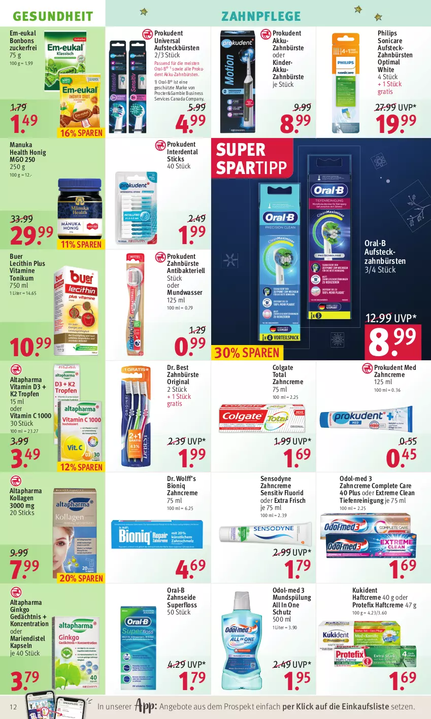 Aktueller Prospekt Rossmann - Prospekte - von 13.12 bis 17.12.2021 - strona 12 - produkty: akku, Altapharma, angebot, angebote, aufsteckbürsten, bio, bonbons, bürste, bürsten, colgate, colgate total, creme, Dr. Best, eis, erde, Gesundheit, gin, Haftcreme, honig, K2, Kinder, Kollagen, Kukident, LG, mundspülung, mundwasser, nuk, Odol, Odol-med 3, oral-b, Philips, Prokudent, Reinigung, sensodyne, sonicare, spartipp, spülung, Ti, vita, Vitamin C, Vitamin D, Vitamine, wasser, zahnbürste, zahnbürsten, zahncreme, Zahnseide, ZTE, zucker