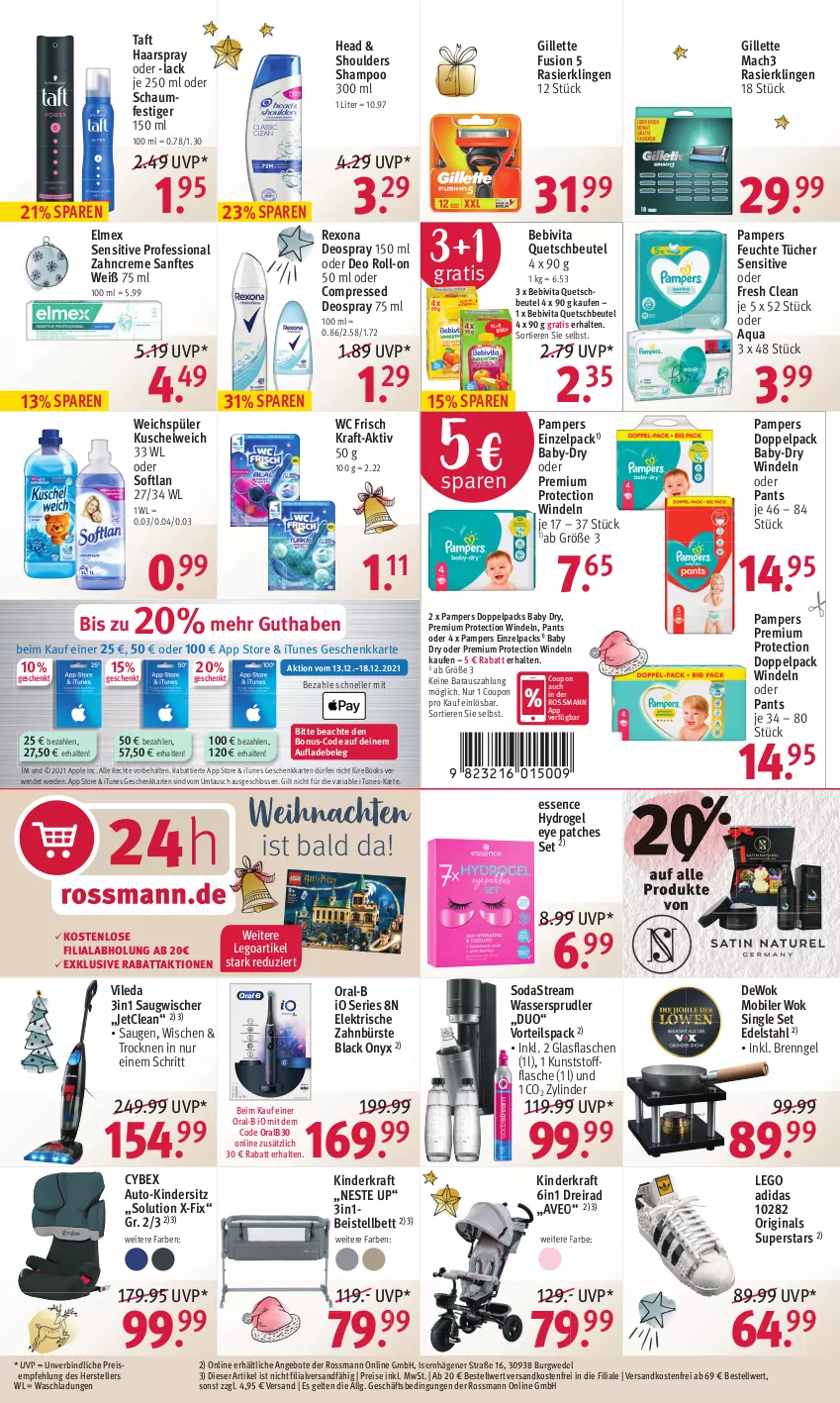 Aktueller Prospekt Rossmann - Prospekte - von 13.12 bis 17.12.2021 - strona 16 - produkty: Adidas, angebot, angebote, Apple, aqua, auto, aveo, baby-dry, Bau, bebivita, bett, beutel, bürste, coupon, creme, deo, deo roll-on, deospray, deospray 150 ml, Dreirad, edelstahl, eis, elektrische zahnbürste, elle, elmex, erde, feuchte tücher, flasche, gillette, gin, glasflasche, haarspray, Kinder, Kindersitz, kraft, Kuschelweich, lack, LG, mac, mach3, ndk, oder deo roll-on, oder schaumfestiger, oral-b, oralb, pampers, Pants, quetschbeutel, Rasierklinge, rasierklingen, reis, rexona, Ria, roll-on, rwe, Saugwischer, schaumfestiger, shampoo, Soda, sodastream, Softlan, Taft, teller, Ti, Tiere, tücher, versandkostenfrei, vileda, vita, wasser, wassersprudler, wc frisch, wedel, weichspüler, weihnachten, windeln, windeln oder pants, wok, zahnbürste, zahncreme