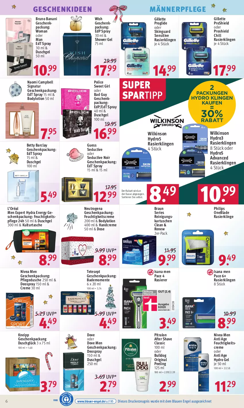 Aktueller Prospekt Rossmann - Prospekte - von 13.12 bis 17.12.2021 - strona 6 - produkty: after shave, auer, Bad, bett, body, bodylotion, braun, bruno banani, Bulldog, creme, deo, deospray, deospray 150 ml, dove, drucker, dusche, duschgel, edp spray, edt spray, Engel, ente, feuchtigkeitscreme, feuchtigkeitspflege, geschenkpackung, gillette, gin, handcreme, isana, kerze, kneipp, Lotion, Naomi Campbell, natur, neutrogena, nivea, Nivea Men, Peeling, pflegedusche, Philips, rasierer, Rasierklinge, rasierklingen, Reinigung, sana, skinguard, spartipp, Tasche, Ti, Tiere, wilkinson