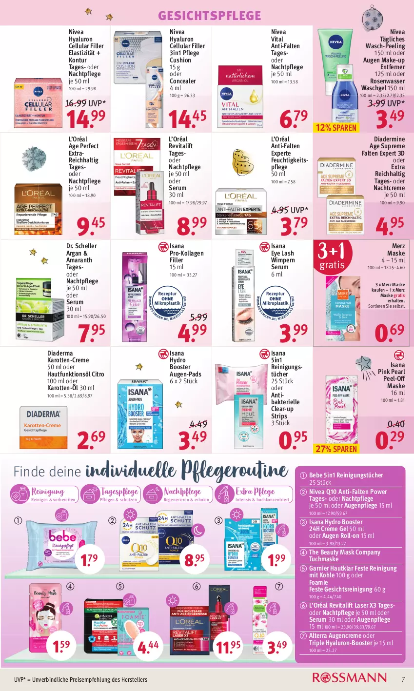 Aktueller Prospekt Rossmann - Prospekte - von 13.12 bis 17.12.2021 - strona 7 - produkty: alterra, anti-falten experte, asti, Augenpflege, Bebe, cellular filler, Clear-up strips, creme, Creme gel, Diadermine, Dr. Scheller, eis, elle, feuchtigkeitspflege, garnier, gesichtspflege, hyaluron, isana, karotten, Kollagen, Make-up, Maske, nachtcreme, nachtpflege, nivea, Peeling, Q10, Reinigung, reinigungstücher, reis, Revital, revitalift, roll-on, rosen, Rosenwasser, rum, sana, Schütze, Serum, Tagespflege, teller, Ti, Tiere, tuc, tücher, tuchmaske, vita, waschgel, wasser