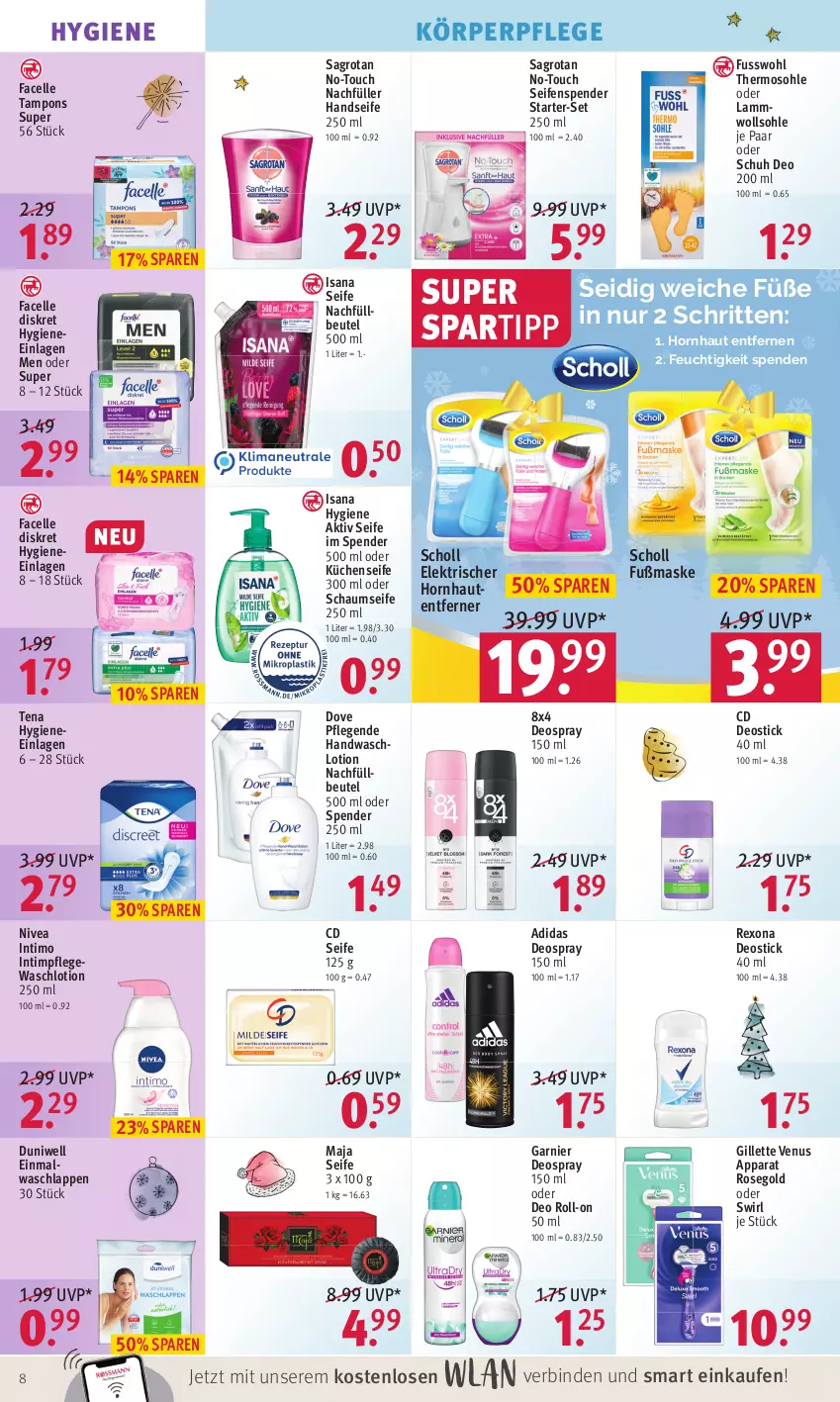 Aktueller Prospekt Rossmann - Prospekte - von 13.12 bis 17.12.2021 - strona 8 - produkty: Adidas, Alwa, beutel, binden, deo, deo roll-on, deospray, deospray 150 ml, Deostick, dove, duni, Duniwell, Einmalwaschlappen, elle, Facelle, Fusswohl, garnier, gillette, gillette venus, Handseife, isana, körperpflege, küche, Küchen, Küchenseife, lamm, Lotion, Maske, nivea, oder deo roll-on, rexona, roll-on, sagrotan, sana, scholl, Seife, seifenspender, spartipp, swirl, Tampon, tampons, Ti, venus, waschlappen, Waschlotion