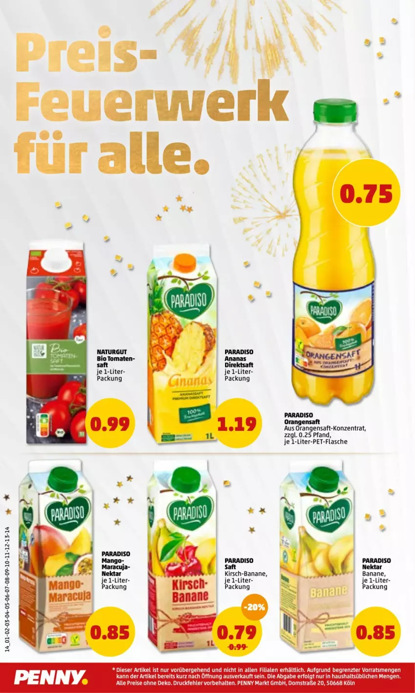 Aktueller Prospekt Penny - Prospekte - von 27.12.2022 bis 01.01.2023 - strona 14 - produkty: ananas, banane, bio, direktsaft, eis, flasche, kirsch, LG, mango, maracuja, natur, Nektar, orange, orangen, orangensaft, pet-flasche, reis, saft, Ti, tomate, tomaten, ZTE