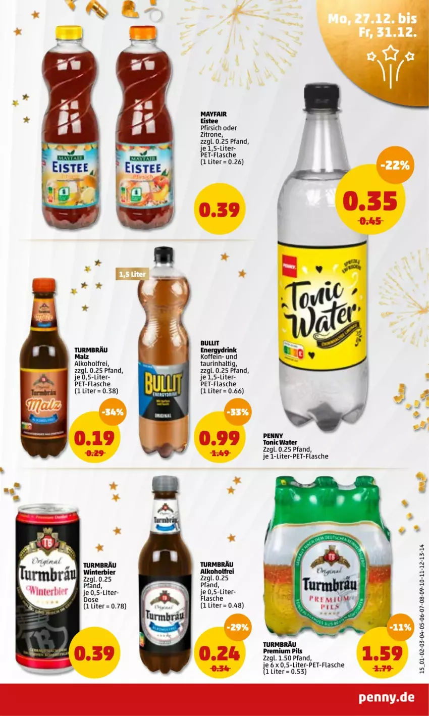 Aktueller Prospekt Penny - Prospekte - von 27.12.2022 bis 01.01.2023 - strona 15 - produkty: alkohol, bier, drink, eis, eistee, flasche, malz, pet-flasche, pfirsich, pils, premium pils, tee, Ti, tonic, tonic water, zitrone