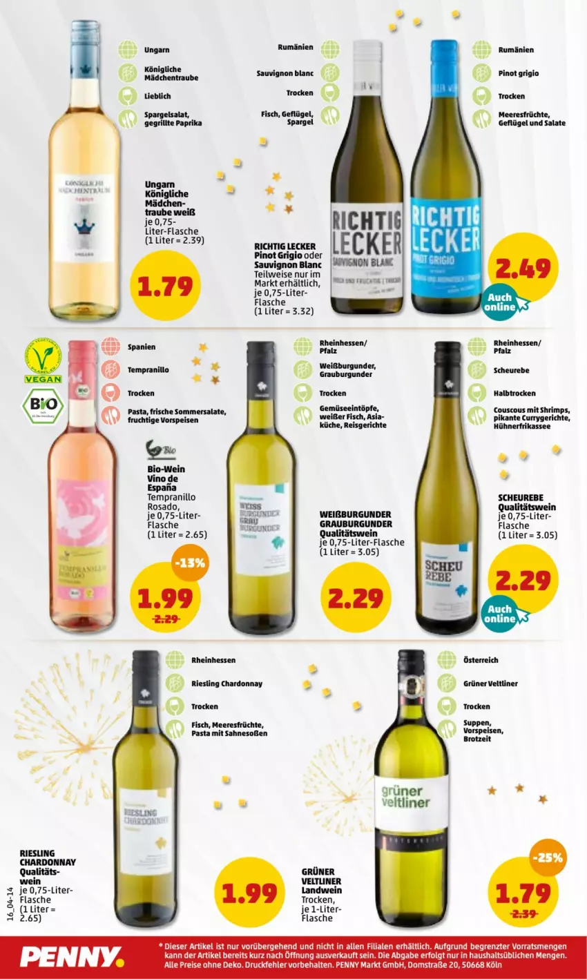 Aktueller Prospekt Penny - Prospekte - von 27.12.2022 bis 01.01.2023 - strona 16 - produkty: bio, Bio-Wein, brot, burgunder, chardonnay, couscous, curry, eintöpfe, eis, fisch, flasche, früchte, Geflügel, grauburgunder, grill, grüner veltliner, Heu, hühner, küche, LG, meeresfrüchte, nerf, paprika, pasta, Pinot, pinot grigio, qualitätswein, reis, riesling, rum, sahne, salat, salate, sauvignon, sauvignon blanc, Soße, spargel, tempranillo, Ti, vorspeise, wein, ZTE