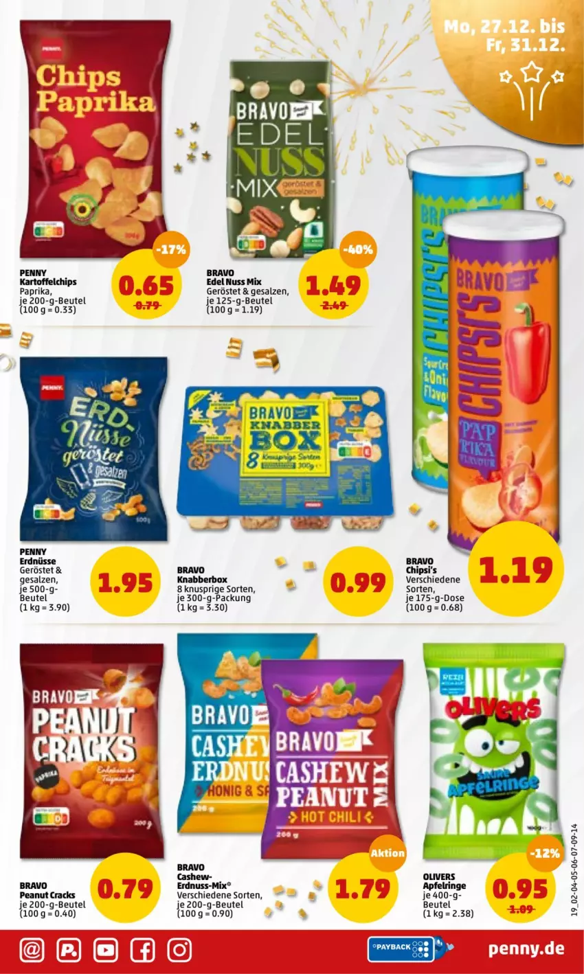 Aktueller Prospekt Penny - Prospekte - von 27.12.2022 bis 01.01.2023 - strona 19 - produkty: apfel, beutel, Bravo, Cashew, chips, erdnuss, erdnüsse, kartoffel, kartoffelchips, nuss, olive, paprika, ring, salz