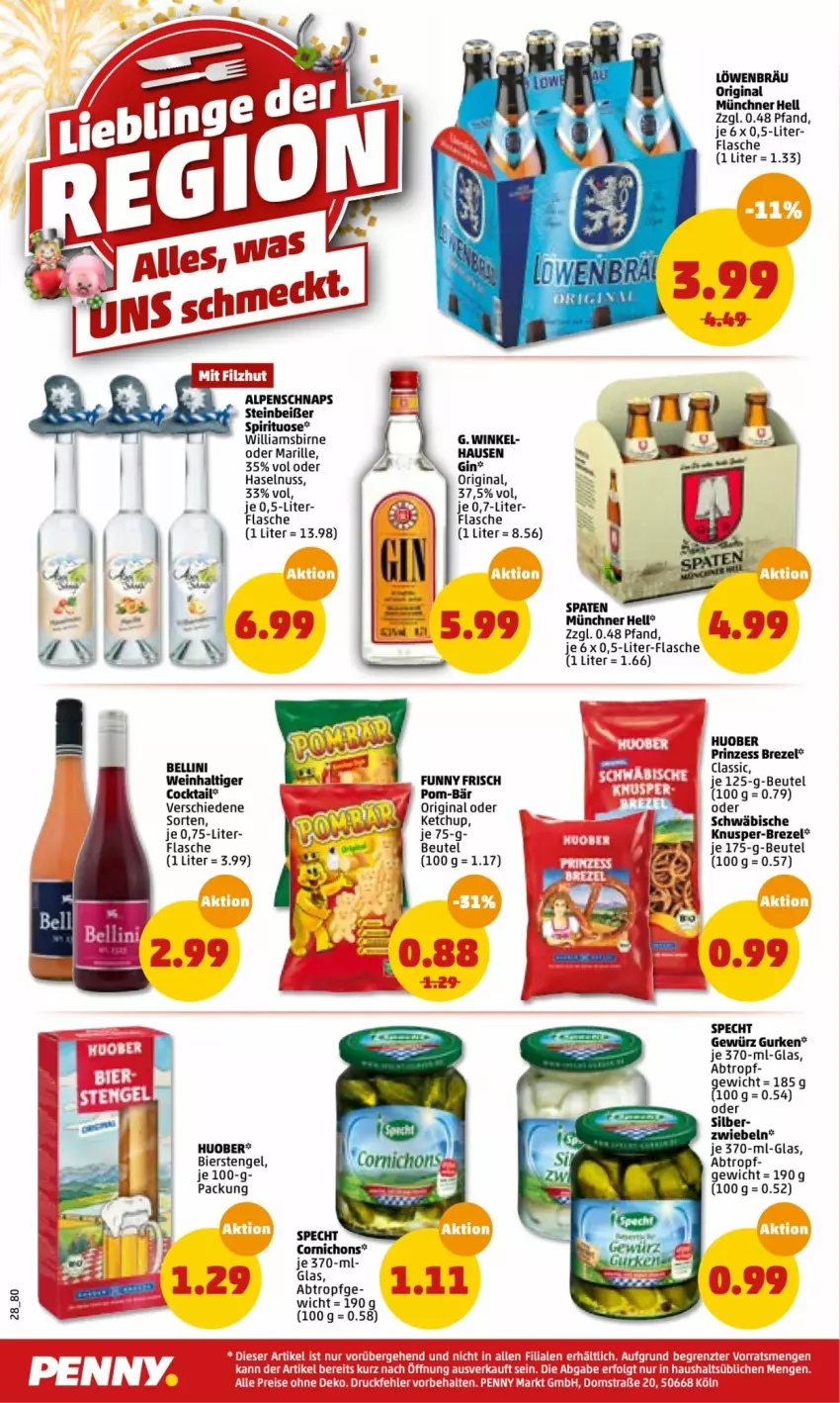 Aktueller Prospekt Penny - Prospekte - von 27.12.2022 bis 01.01.2023 - strona 28 - produkty: beutel, bier, brezel, cocktail, flasche, Funny Frisch, gewürz, gin, gurke, gurken, haselnuss, huober, ketchup, nuss, pom-bär, specht, Steinbeißer, tee, Ti, wein, ZTE, zwiebel, zwiebeln