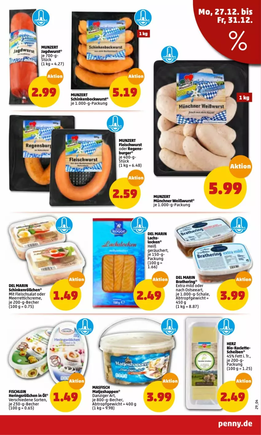 Aktueller Prospekt Penny - Prospekte - von 27.12.2022 bis 01.01.2023 - strona 29 - produkty: Becher, bio, bockwurst, burger, creme, eis, fisch, fleisch, fleischsalat, fleischwurst, hering, Herings, jagdwurst, lachs, matjes, meerrettich, Rettich, ring, salat, Schal, Schale, schinken, Ti, Weißwurst, wurst