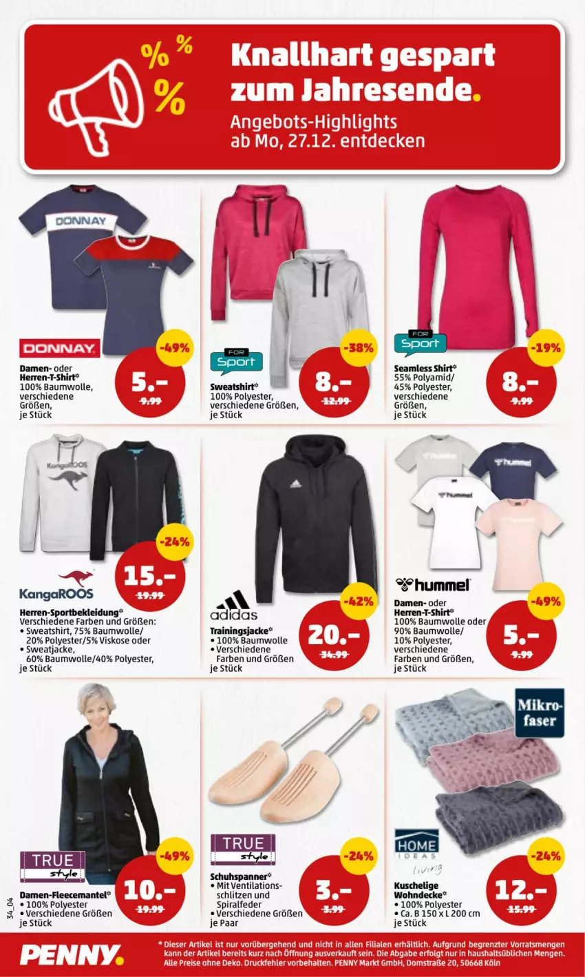 Aktueller Prospekt Penny - Prospekte - von 27.12.2022 bis 01.01.2023 - strona 34 - produkty: Bau, baumwolle, decke, herren-t-shirt, Jacke, kleid, Kleidung, Mantel, shirt, Sport, sweatjacke, Sweatshirt, T-Shirt, Ti, tuc, wolle