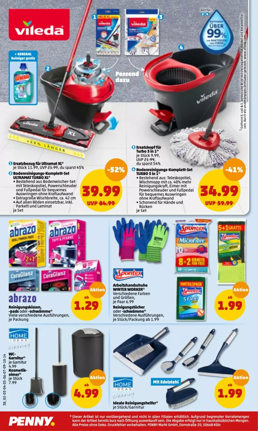 Aktueller Prospekt Penny - Prospekte - von 27.12.2022 bis 01.01.2023 - strona 38 - produkty: bodenwischer, Brei, eimer, garnitur, handschuhe, Holz, kissen, kosmetik, kraft, laminat, rama, reiniger, Reinigung, reinigungstücher, ring, schuhe, Teleskop, teleskopstiel, Ti, tücher, vileda, Wischmopp