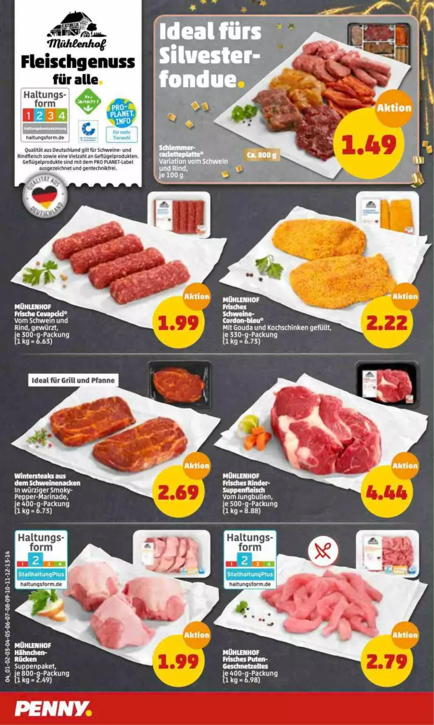 Aktueller Prospekt Penny - Prospekte - von 27.12.2022 bis 01.01.2023 - strona 4 - produkty: eis, ente, fleisch, für grill und pfanne, Geflügel, geflügelprodukte sind mit dem, gewürz, gouda, grill, grill und pfanne, ideal für grill, ideal für grill und pfanne, jungbullen, kochschinken, marinade, mit gouda, nuss, pfanne, rind, rinder, rindfleisch, schinken, schwein, schweine, schweinenacken, steak, steaks, suppe, suppen, Ti, und pfanne, wein, weine