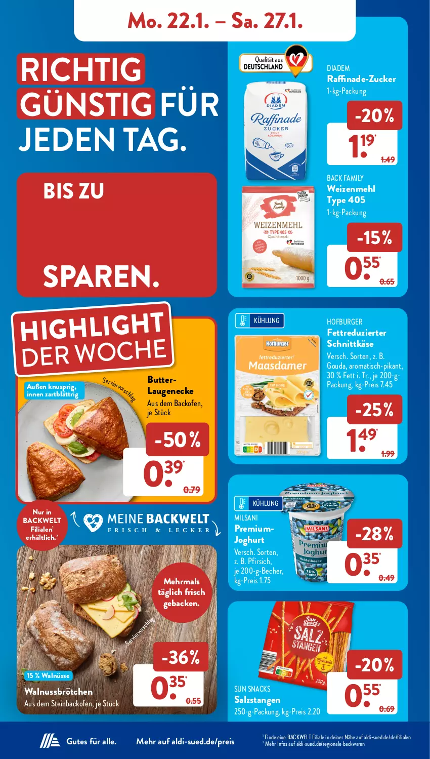 Aktueller Prospekt AldiSud - NÄCHSTE WOCHE - von 22.01 bis 27.01.2024 - strona 10 - produkty: aldi, backofen, backwaren, Becher, brötchen, burger, butter, diadem, eis, geback, gouda, joghur, joghurt, Käse, Laugeneck, mehl, nuss, Ofen, pfirsich, reis, salz, Salzstange, Salzstangen, schnittkäse, snack, snacks, Sun Snacks, Ti, tisch, type 405, walnuss, weizenmehl, zucker