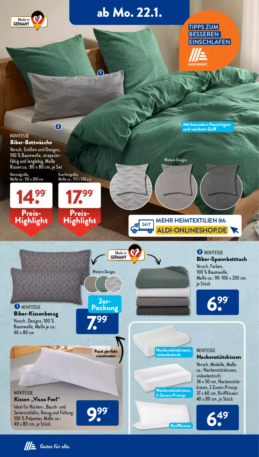 Aktueller Prospekt AldiSud - NÄCHSTE WOCHE - von 22.01 bis 27.01.2024 - strona 12 - produkty: aldi, asti, Bau, baumwolle, bett, Betttuch, bettwäsche, dell, eis, elle, heimtextilien, kissen, Kissenbezug, LG, Mode, nackenstützkissen, reis, spannbetttuch, Ti, tisch, tuc, wolle